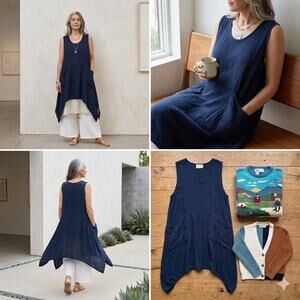 Oh My Gauze! Navy Blue Cotton Lagenlook Sharkbite Hem Dress Tunic Pockets OS